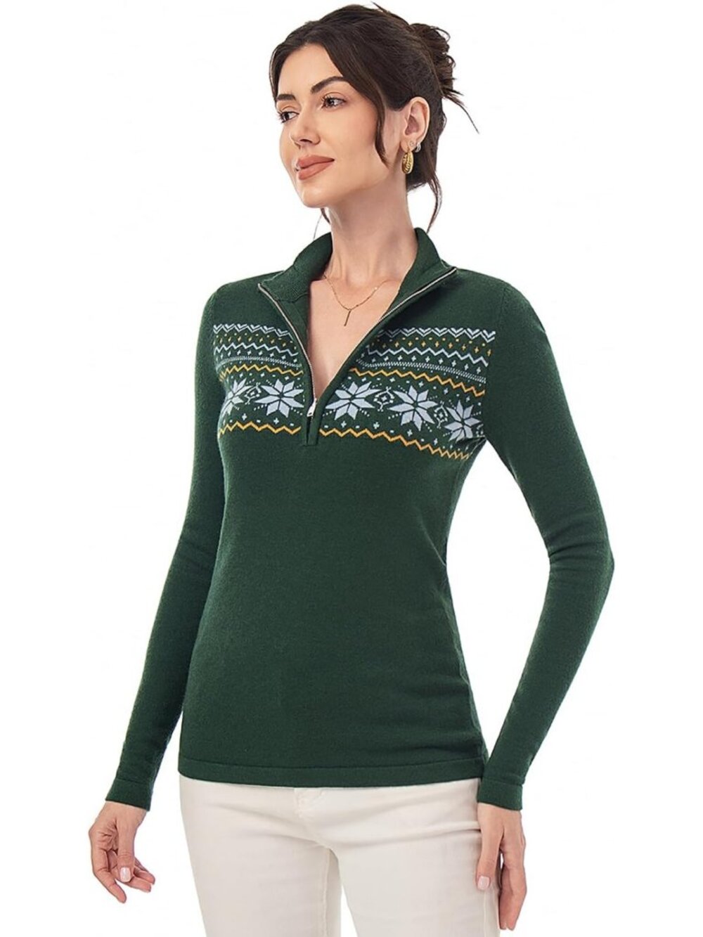 Cozy Fair Isle Quarter Zip Pullover Sweater - Long Sleeve Fitted Knit Top